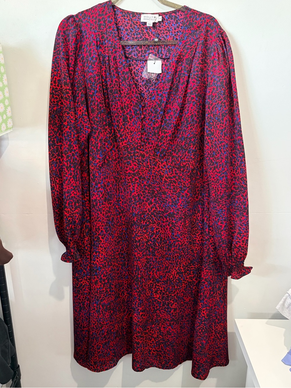 MOLLY BRACKEN Red & Blue Abstract Long Sleeve Midi Dress | 1X